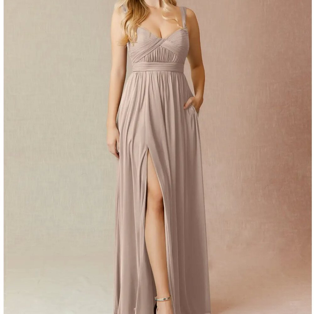 Azazie Reniya Bridesmaid Dress in Taupe Color, Size A18 - Includes Garment Bag